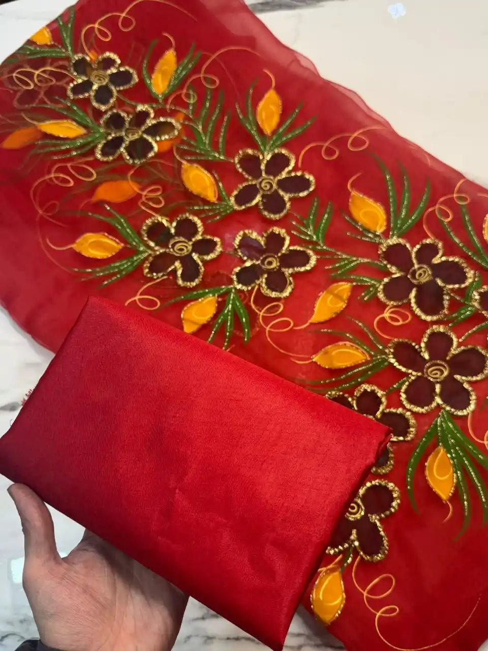 4PC RED ORGANZA HEAVY HAND PAINT FULLY GOTTA WORK
