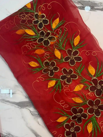4PC RED ORGANZA HEAVY HAND PAINT FULLY GOTTA WORK