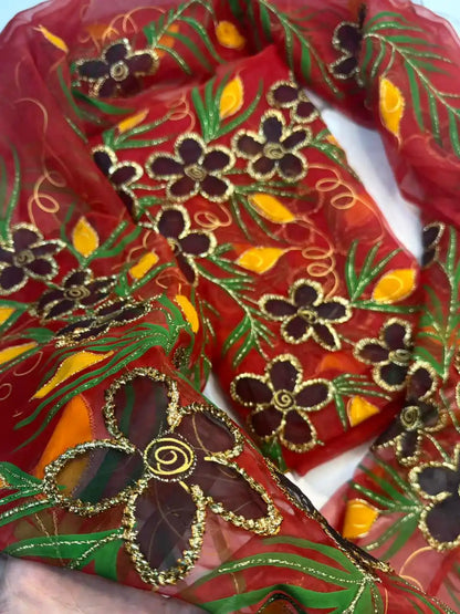 4PC RED ORGANZA HEAVY HAND PAINT FULLY GOTTA WORK