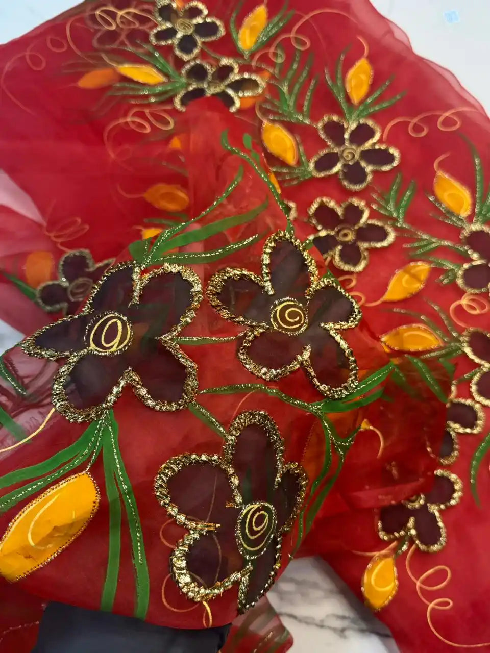 4PC RED ORGANZA HEAVY HAND PAINT FULLY GOTTA WORK