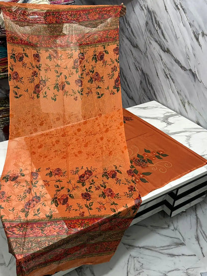 HAND-PAINTED LAWN 3-PIECE SUIT WITH EMBROIDERED CHIFFON DUPATTA & PRINTED TROUSER