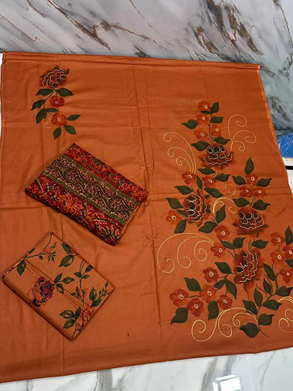 HAND-PAINTED LAWN 3-PIECE SUIT WITH EMBROIDERED CHIFFON DUPATTA & PRINTED TROUSER