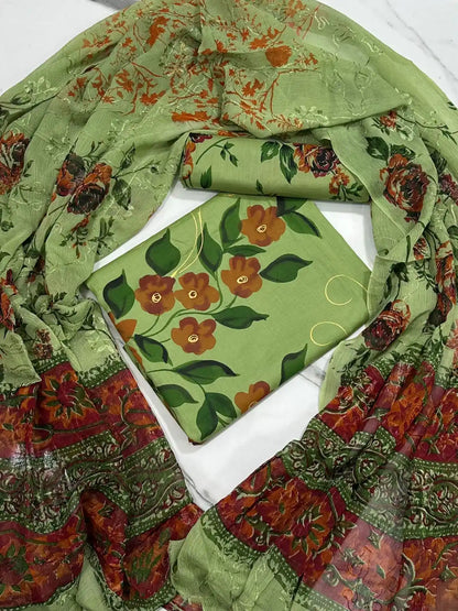 HAND-PAINTED LAWN 3-PIECE SUIT WITH EMBROIDERED CHIFFON DUPATTA & PRINTED TROUSER