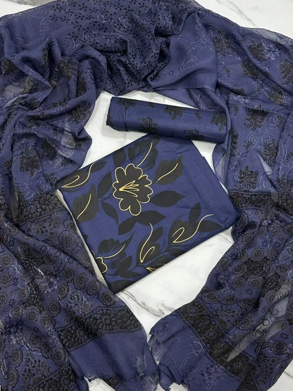HAND-PAINTED LAWN 3-PIECE SUIT WITH EMBROIDERED CHIFFON DUPATTA & PRINTED TROUSER (Copy)