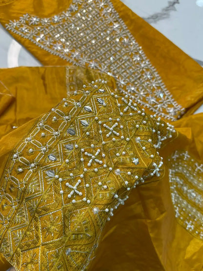 4PC MUSTARD RAW SILK FANCY SUIT FULLY EMBROIDERED WORK