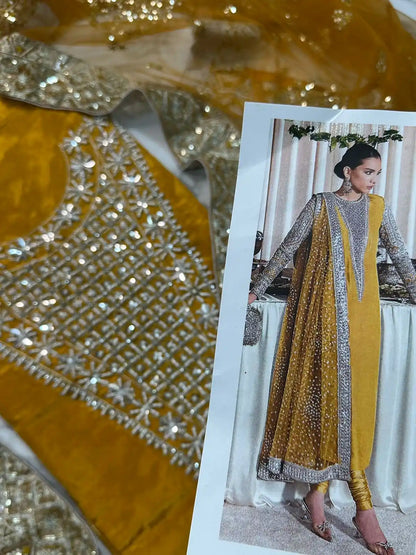 4PC MUSTARD RAW SILK FANCY SUIT FULLY EMBROIDERED WORK