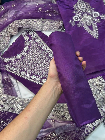 4PC PURPLE RAW SILK FANCY SUIT FULLY EMBROIDERED WORK