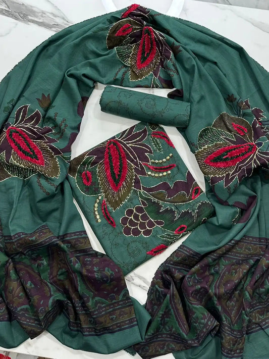 Premium Winter Khaddar 3-Piece Suit with Velvet Embroidery