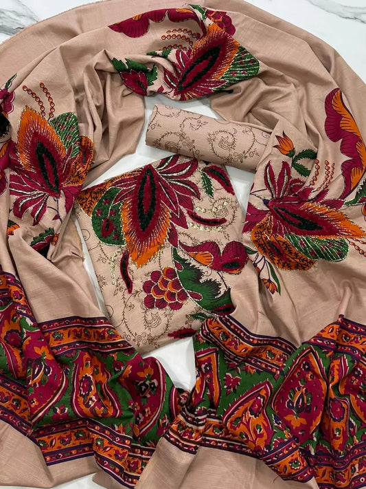 Premium Winter Khaddar 3-Piece Suit with Velvet Embroidery
