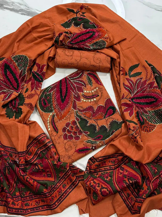 Premium Winter Khaddar 3-Piece Suit with Velvet Embroidery