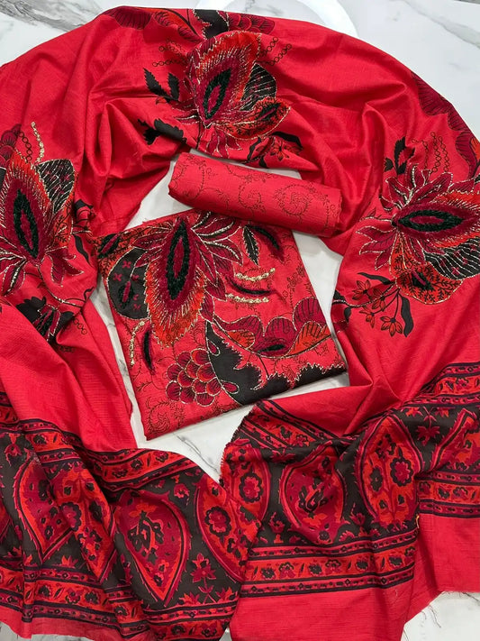 Premium Winter Khaddar 3-Piece Suit with Velvet Embroidery