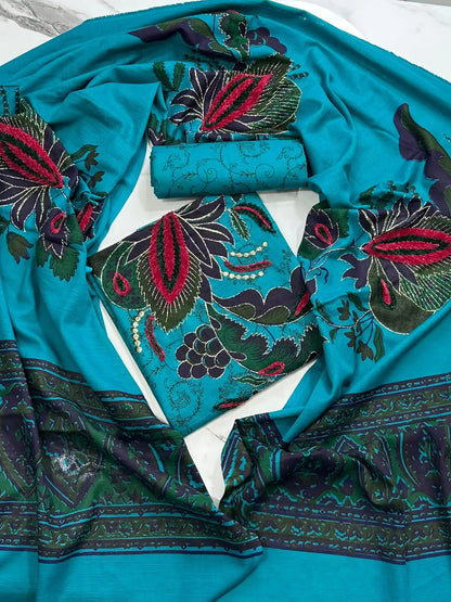 Premium Winter Khaddar 3-Piece Suit with Velvet Embroidery