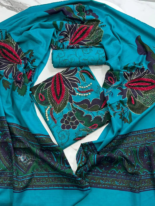 Premium Winter Khaddar 3-Piece Suit with Velvet Embroidery