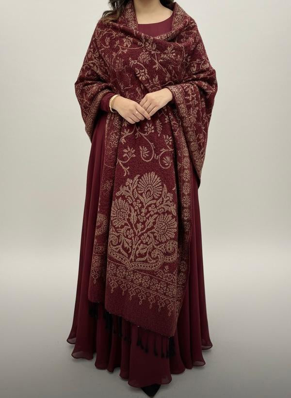 MEHROON VELVET BANARSI SELF-WORK SHAWL