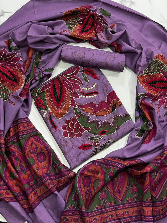 Premium Winter Khaddar 3-Piece Suit with Velvet Embroidery