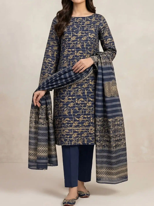 PURE LAWN 3-PIECE GOLD PRINTED SUIT – ELEGANT, SOFT & WASHABLE
