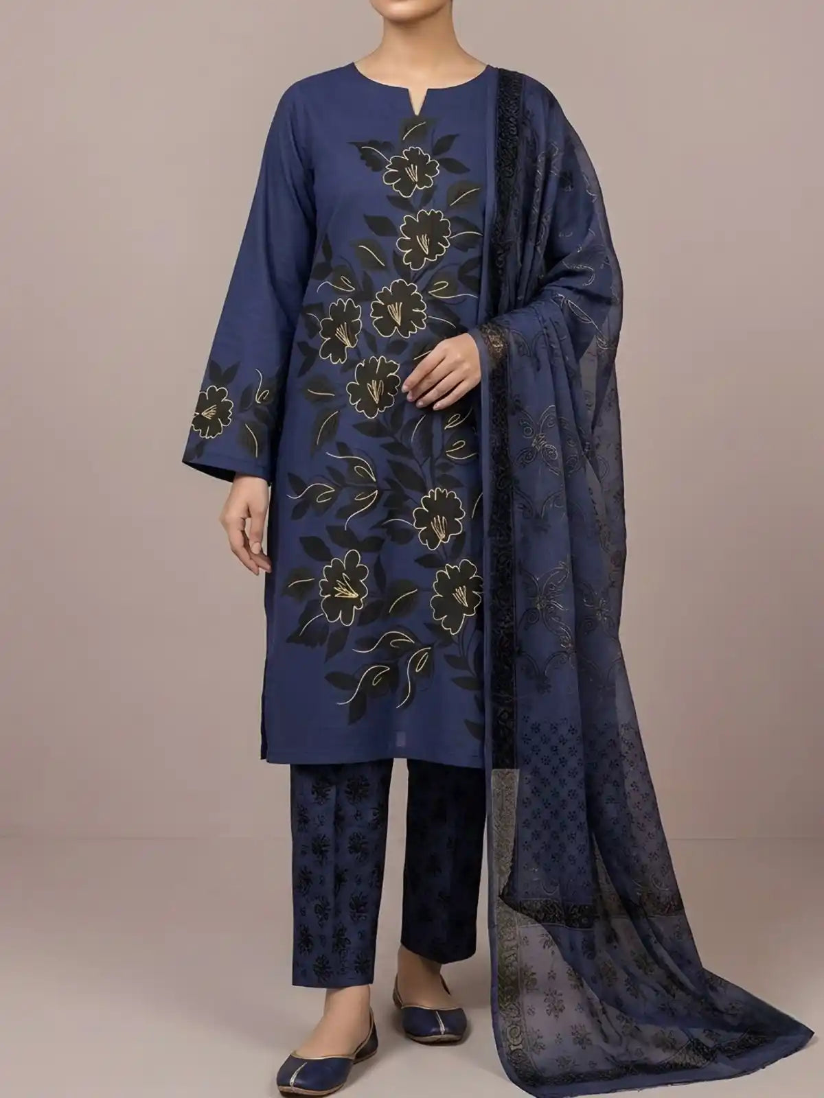 HAND-PAINTED LAWN 3-PIECE SUIT WITH EMBROIDERED CHIFFON DUPATTA & PRINTED TROUSER (Copy)