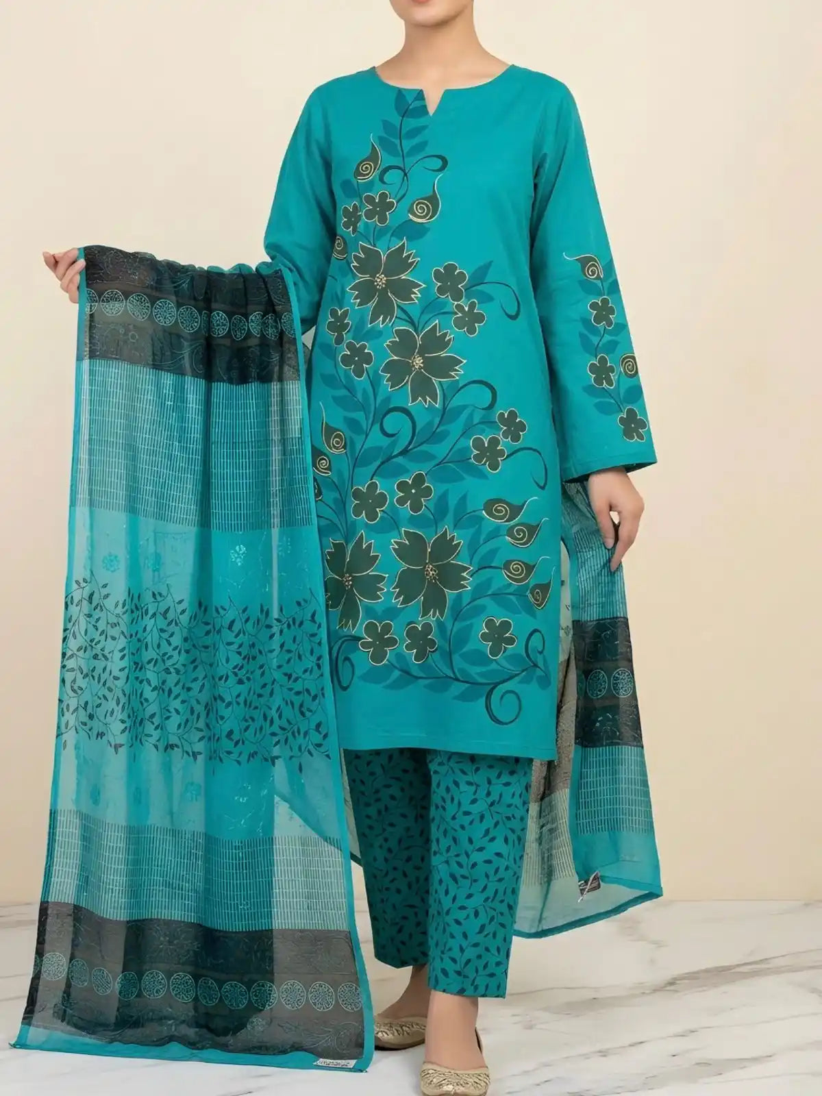 HAND-PAINTED LAWN 3-PIECE SUIT WITH EMBROIDERED CHIFFON DUPATTA & PRINTED TROUSER