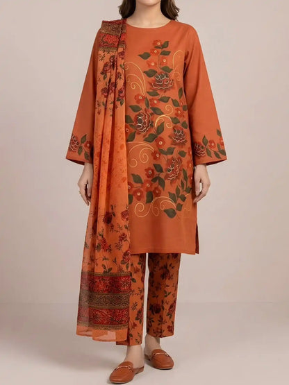 HAND-PAINTED LAWN 3-PIECE SUIT WITH EMBROIDERED CHIFFON DUPATTA & PRINTED TROUSER