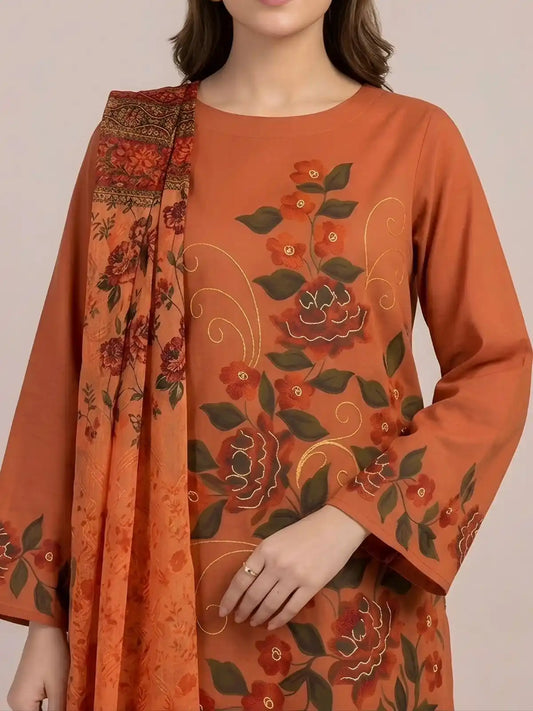 HAND-PAINTED LAWN 3-PIECE SUIT WITH EMBROIDERED CHIFFON DUPATTA & PRINTED TROUSER