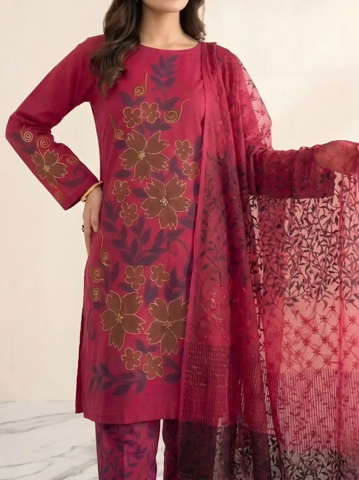 HAND-PAINTED LAWN 3-PIECE SUIT WITH EMBROIDERED CHIFFON DUPATTA & PRINTED TROUSER