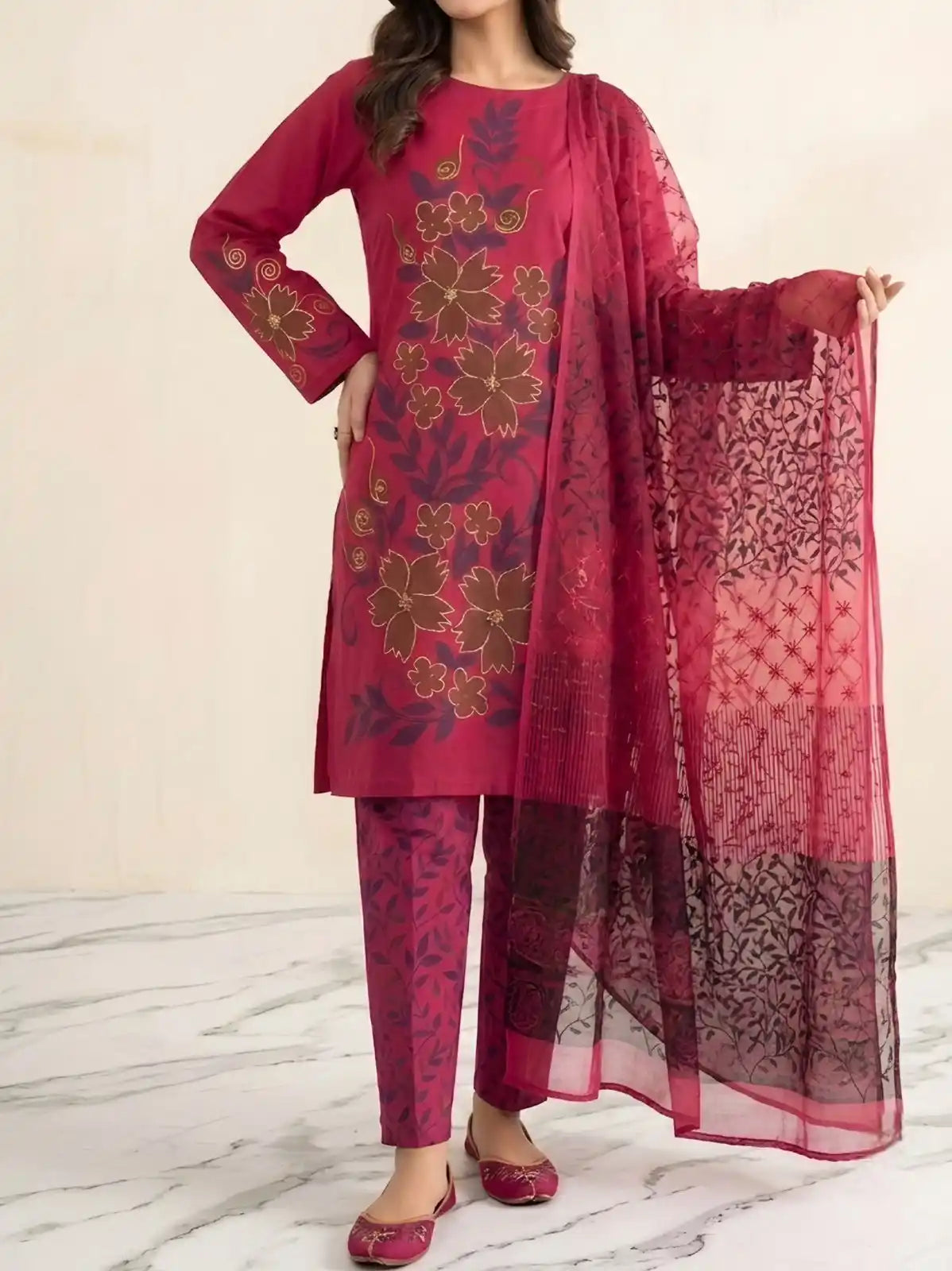 HAND-PAINTED LAWN 3-PIECE SUIT WITH EMBROIDERED CHIFFON DUPATTA & PRINTED TROUSER