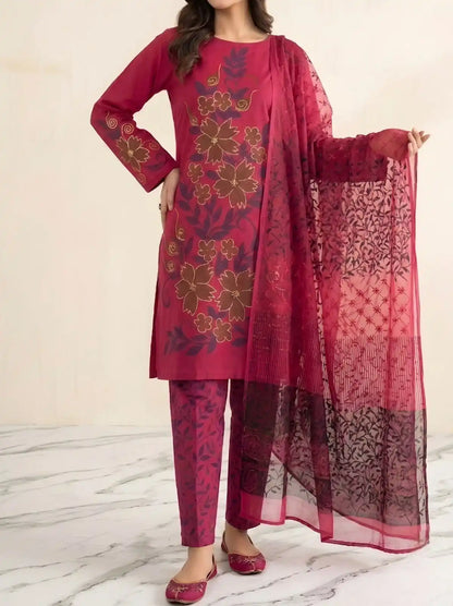 HAND-PAINTED LAWN 3-PIECE SUIT WITH EMBROIDERED CHIFFON DUPATTA & PRINTED TROUSER