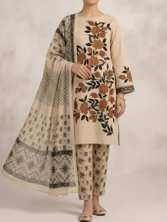 HAND-PAINTED LAWN 3-PIECE SUIT WITH EMBROIDERED CHIFFON DUPATTA & PRINTED TROUSER