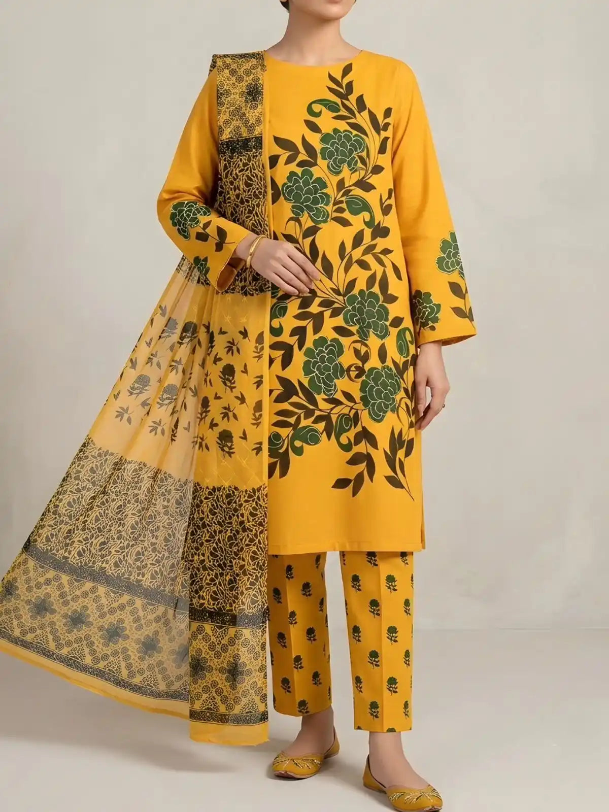 HAND-PAINTED LAWN 3-PIECE SUIT WITH EMBROIDERED CHIFFON DUPATTA & PRINTED TROUSER