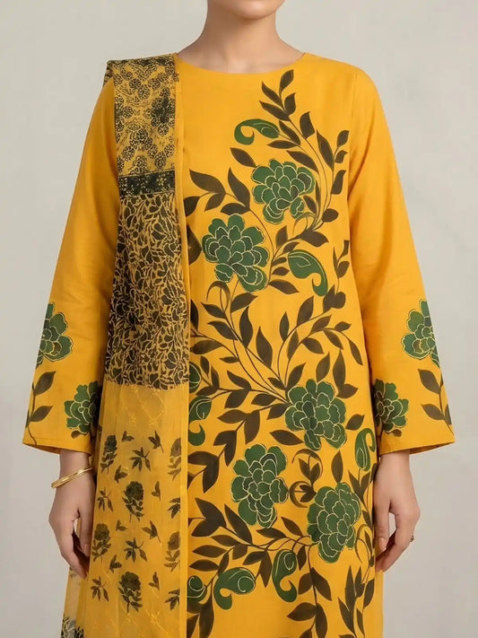 HAND-PAINTED LAWN 3-PIECE SUIT WITH EMBROIDERED CHIFFON DUPATTA & PRINTED TROUSER