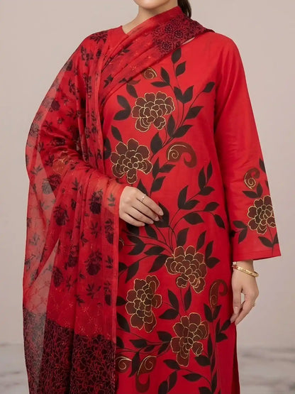 HAND-PAINTED LAWN 3-PIECE SUIT WITH EMBROIDERED CHIFFON DUPATTA & PRINTED TROUSER