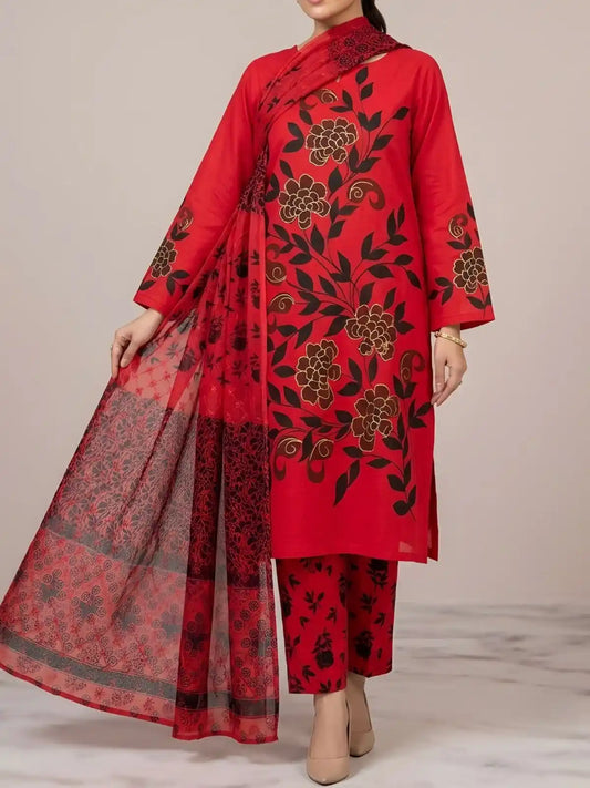 HAND-PAINTED LAWN 3-PIECE SUIT WITH EMBROIDERED CHIFFON DUPATTA & PRINTED TROUSER