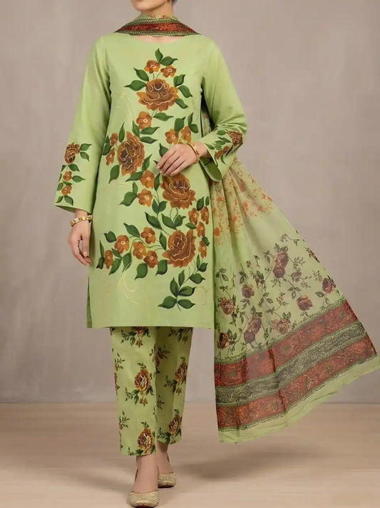 HAND-PAINTED LAWN 3-PIECE SUIT WITH EMBROIDERED CHIFFON DUPATTA & PRINTED TROUSER