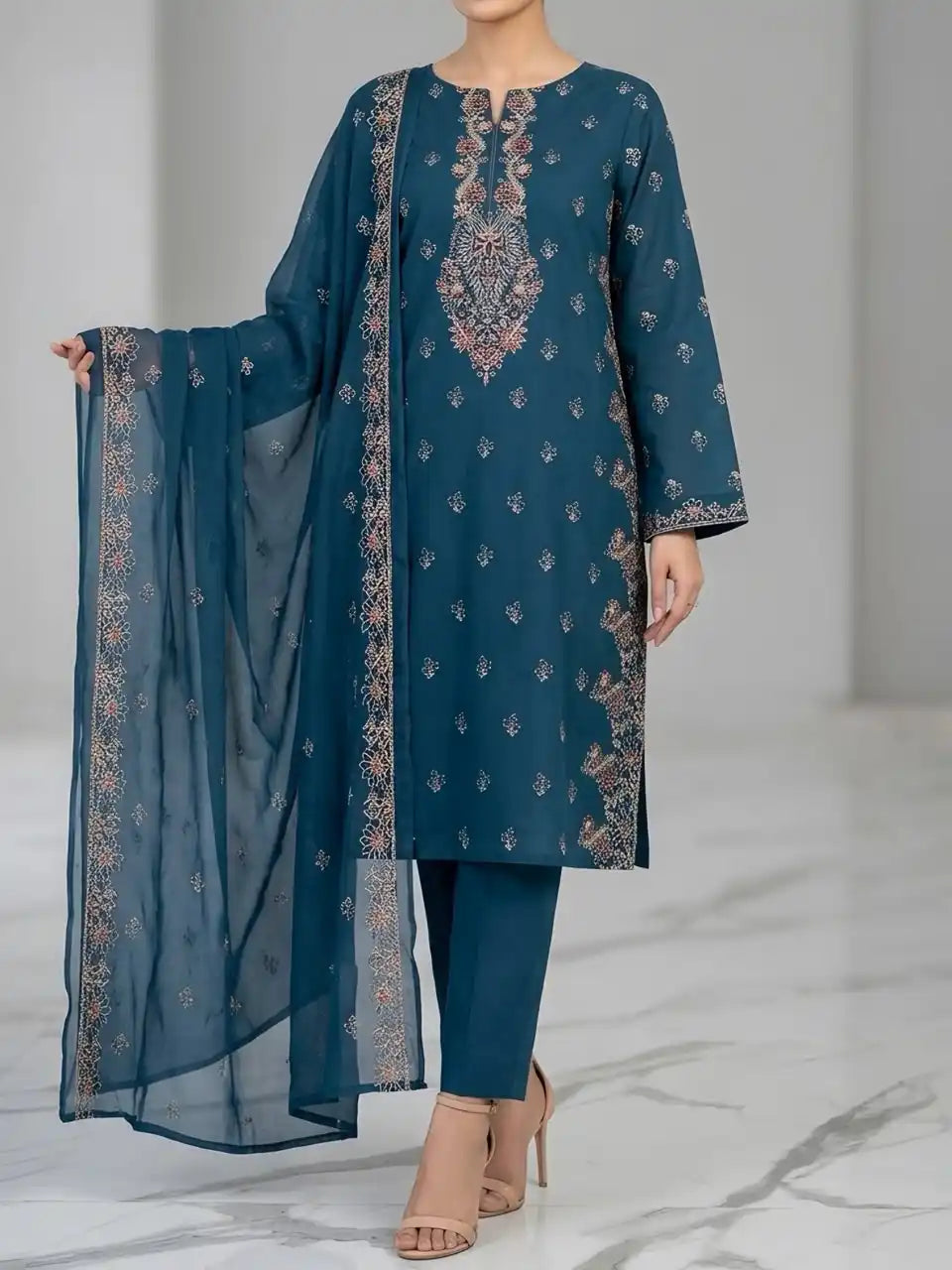 3PC PURE LAWN HEAVY EMBROIDERED