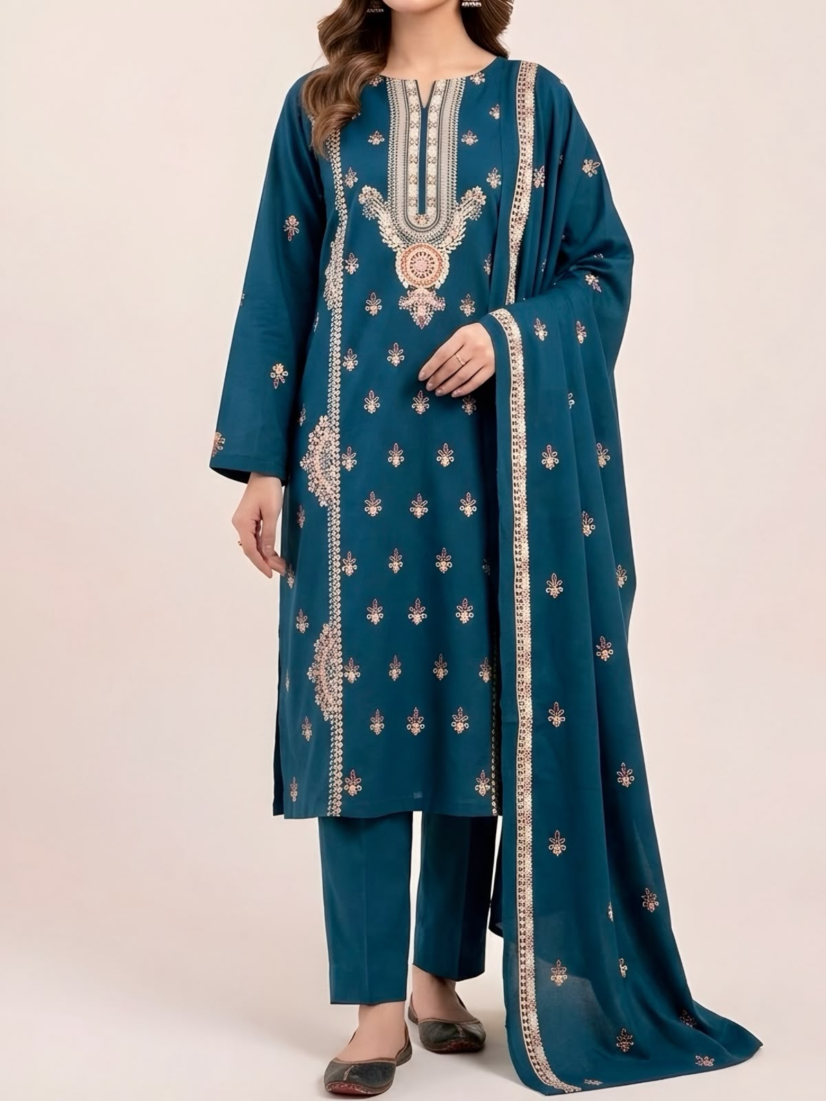 3PC PURE DHANNAK ELEGANCEE EMBROIDERED