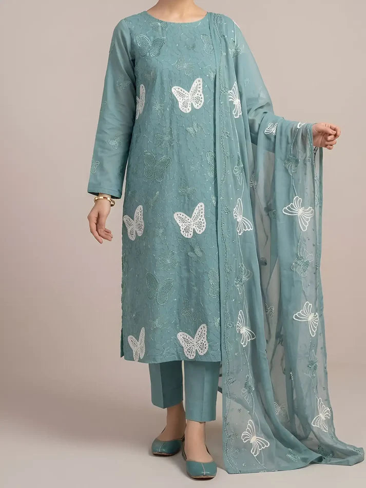 3PC PURE. LAWN .HEAVY EMBROIDERED..