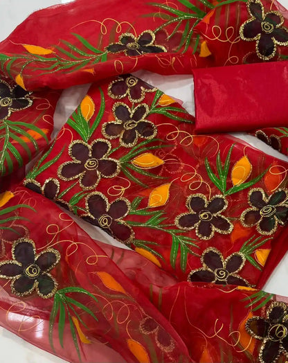 4PC RED ORGANZA HEAVY HAND PAINT FULLY GOTTA WORK