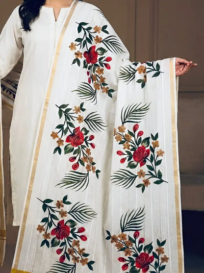PURE LAWN SOFT HANDPAINTED DUPATTA TARKASHI WORK PREMIUM QUALITY.