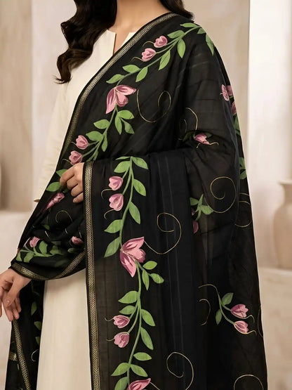 PURE LAWN SOFT HANDPAINTED DUPATTA TARKASHI WORK PREMIUM QUALITY.