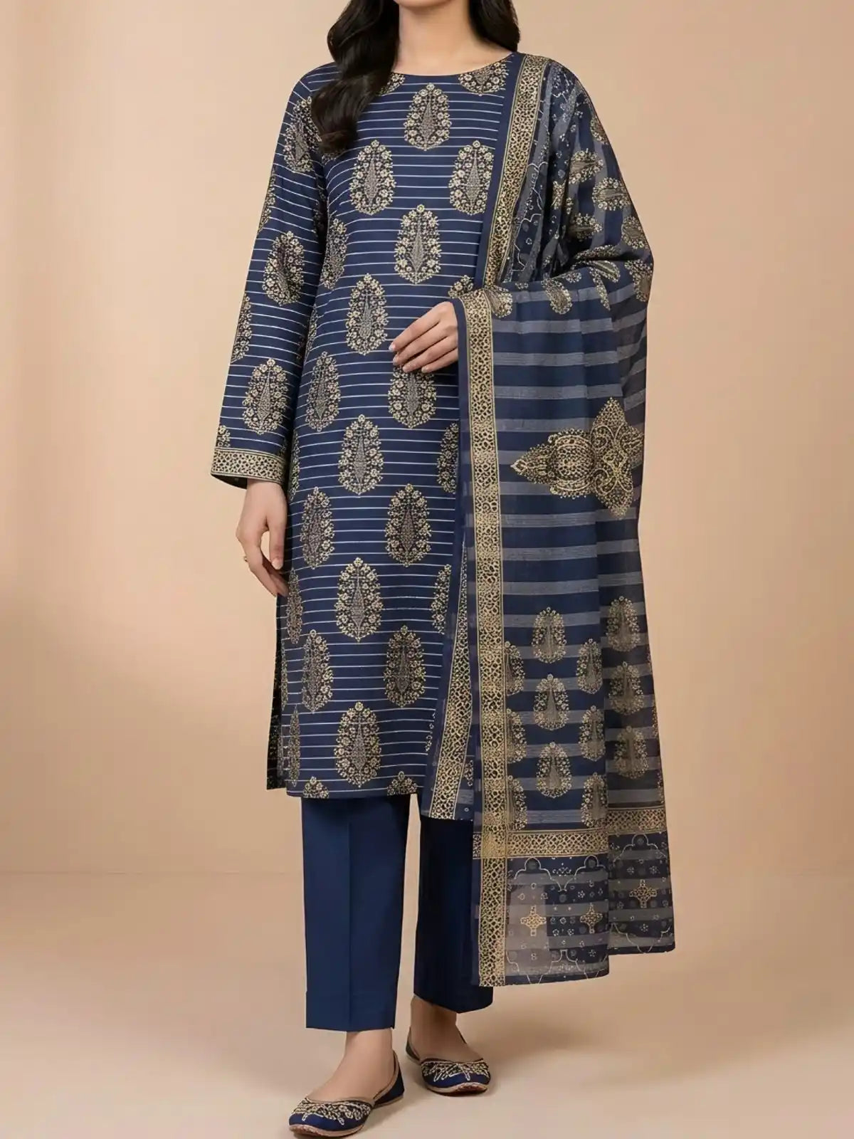 PURE LAWN 3-PIECE GOLD PRINTED SUIT – ELEGANT, SOFT & WASHABLE
